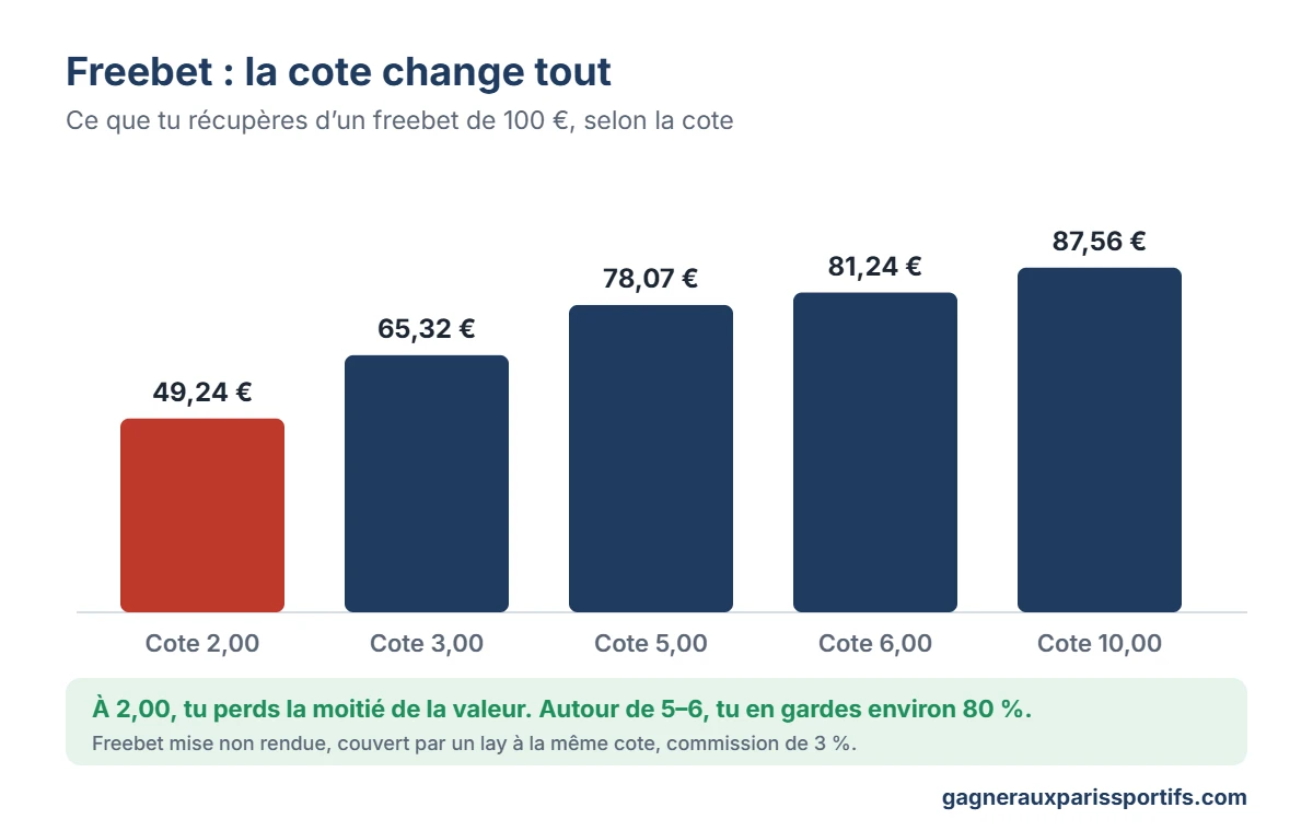 Graphique conversion freebet : un freebet de 100 euros rapporte 49,24 € à la cote de 2, 78,07 € à 5, 81,24 € à 6 et 87,56 € à 10